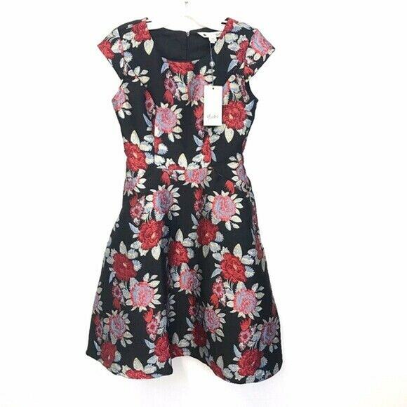 New ModCloth‎ Yumi Black Floral Tapestry Dress Pink Red Roses  Sz 4 - Picture 2 of 10